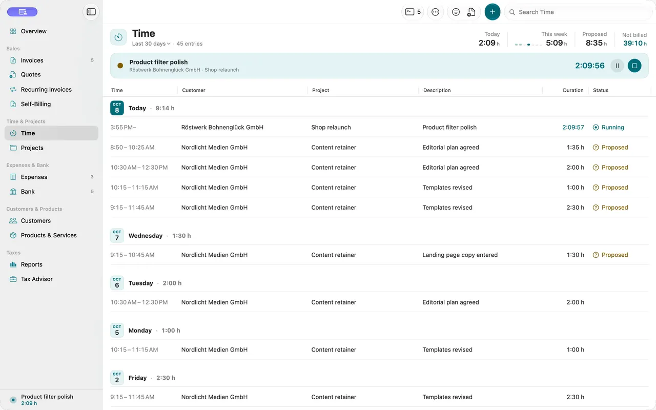 An agent records working time through MCP, and it appears in Folnaro right away.