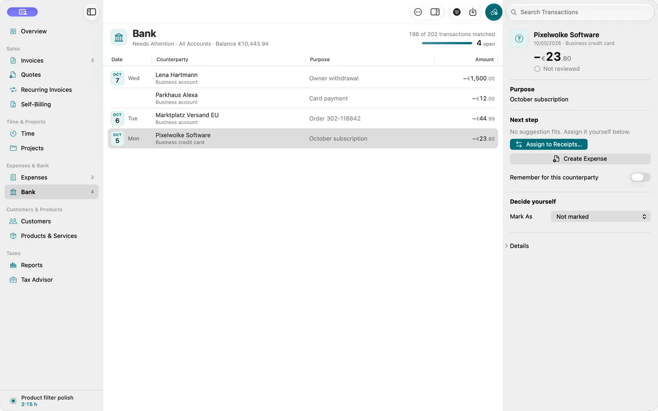 An incoming payment is matched with the suggested invoice, which then counts as paid.