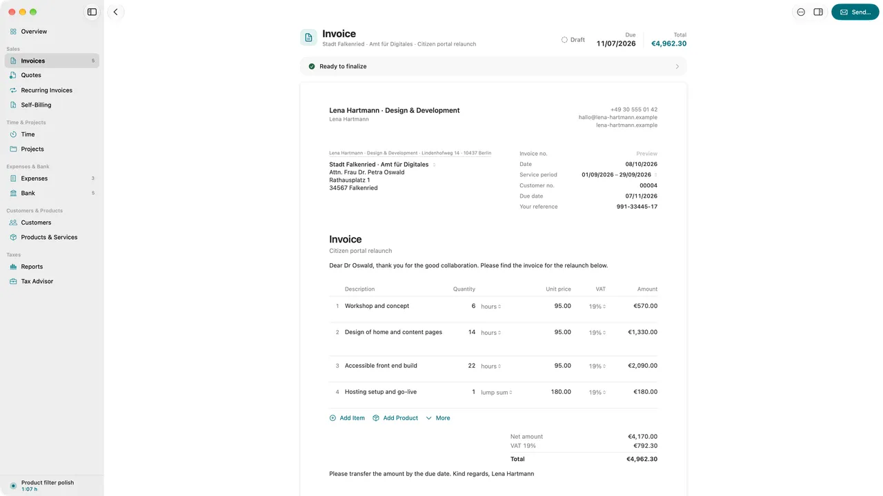 Draft invoice in the editor with its lines on the left and the live preview of the finished PDF beside them.