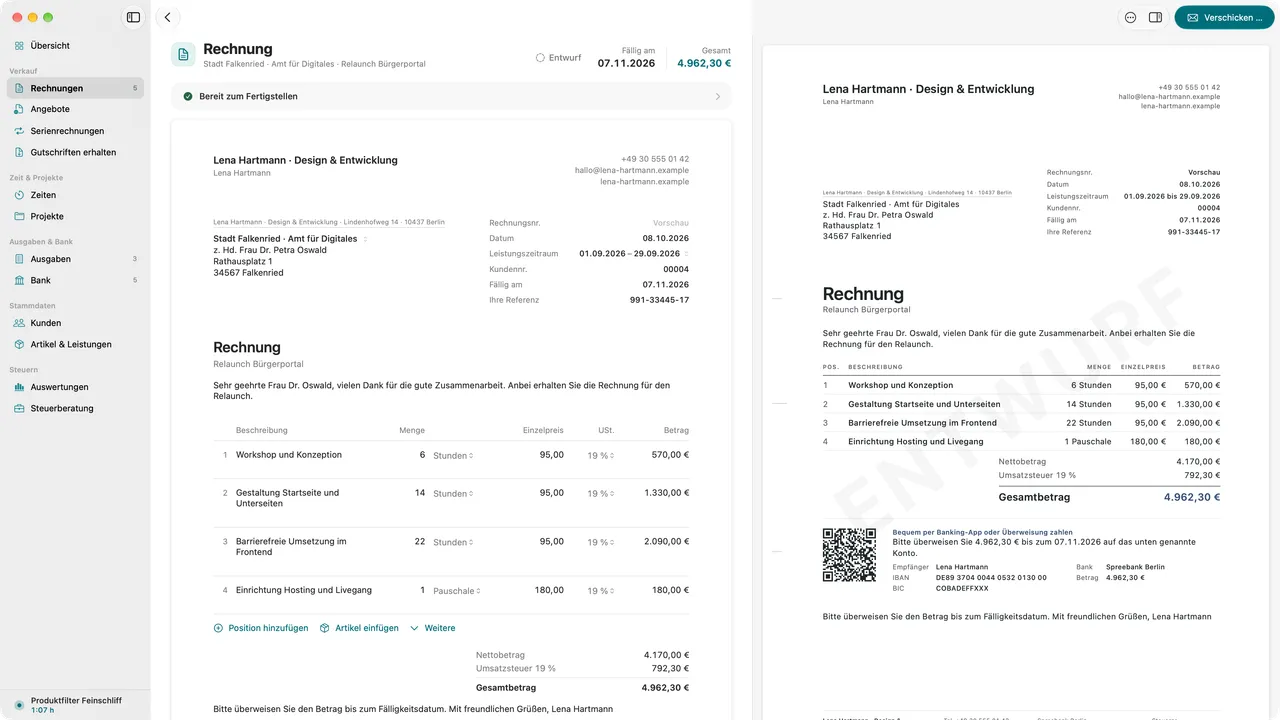 Rechnungsentwurf im Editor mit Positionen links und der Live-Vorschau des fertigen PDFs daneben.