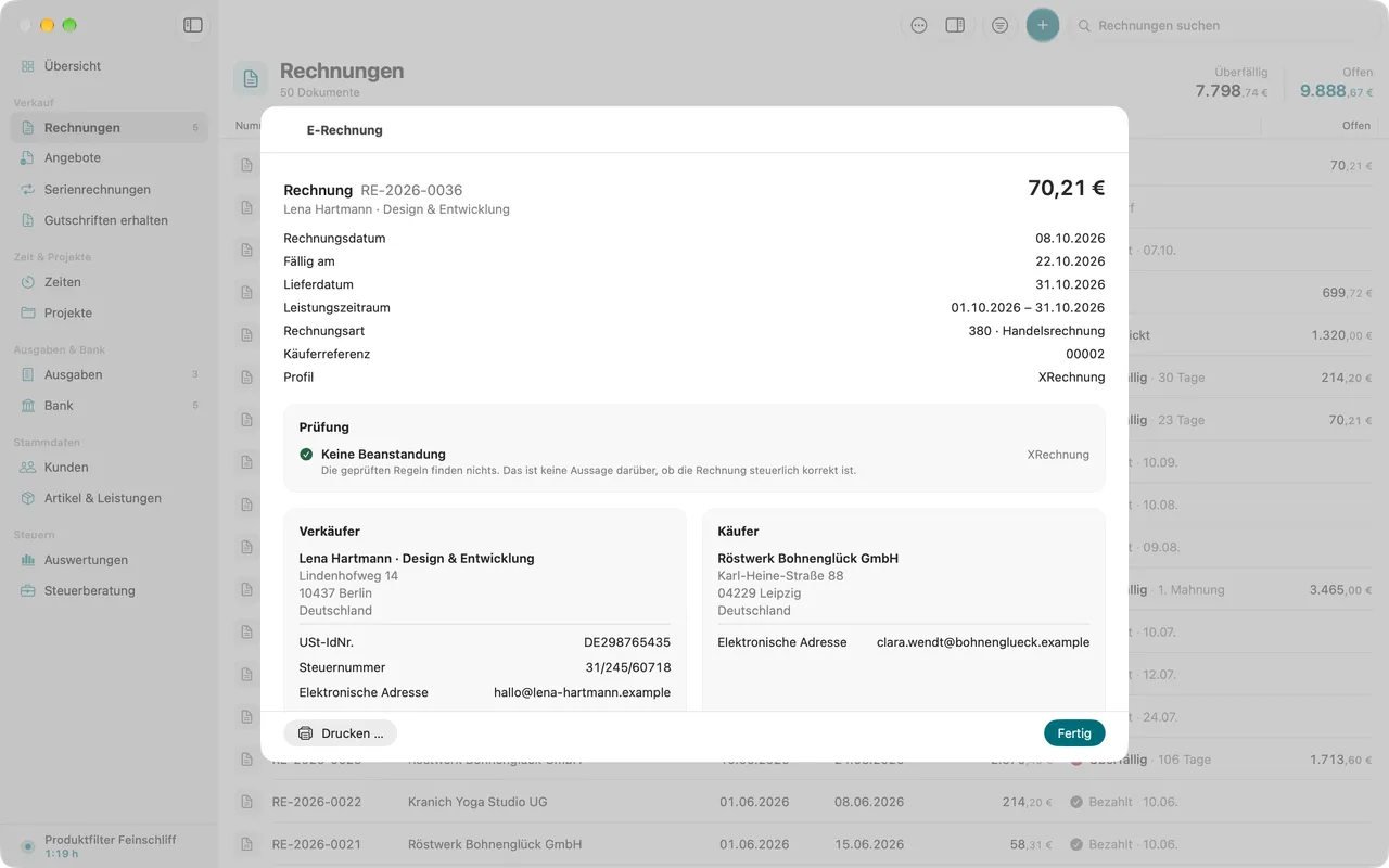 Lesbare Ansicht einer empfangenen XRechnung mit Absender, Positionen und Steuerbeträgen.