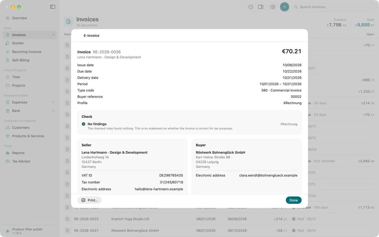 Readable view of a received XRechnung with sender, lines and tax amounts.