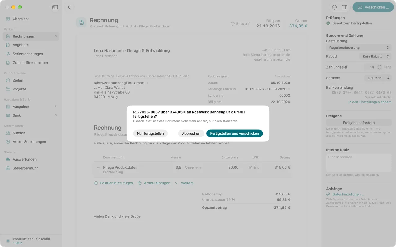 Die Rückfrage vor dem Fertigstellen mit einem Hinweis zum Bestätigen.