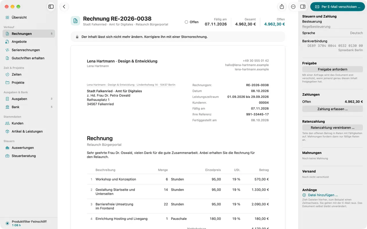 Fertiggestellte Rechnung mit fester Nummer und Hinweis, dass sie nur noch per Storno korrigiert werden kann.