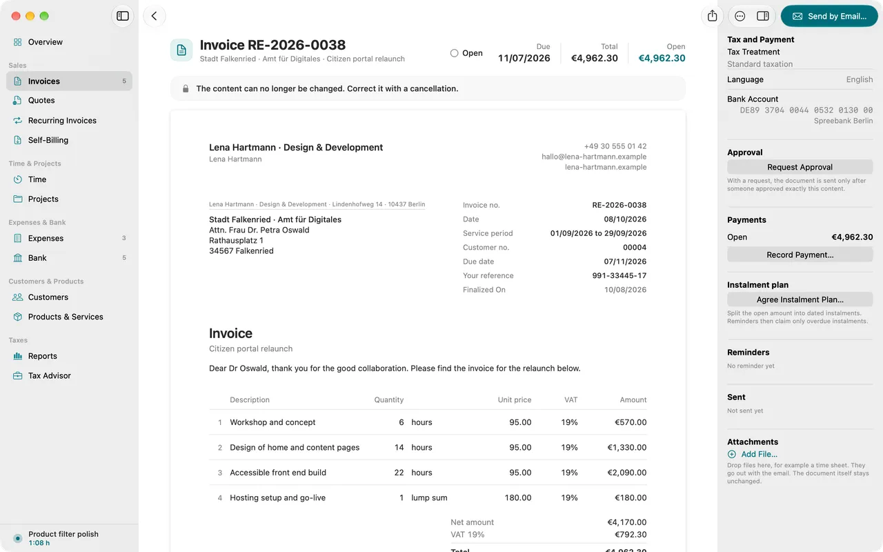 Finalized invoice with its fixed number and the note that it can only be corrected by cancellation.