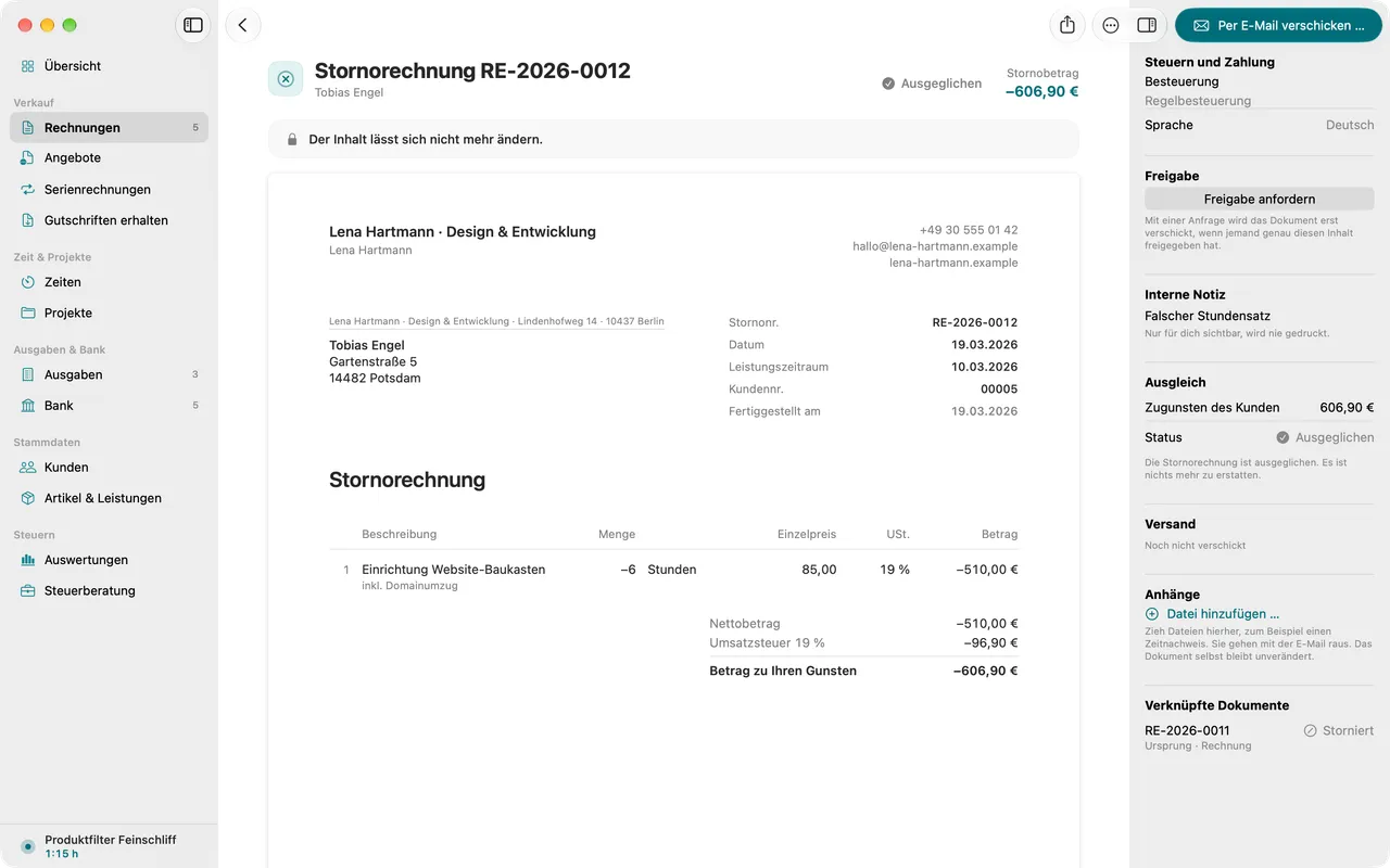 Stornorechnung, die auf die ursprüngliche Rechnung verweist und alle Beträge mit negativem Vorzeichen zeigt.