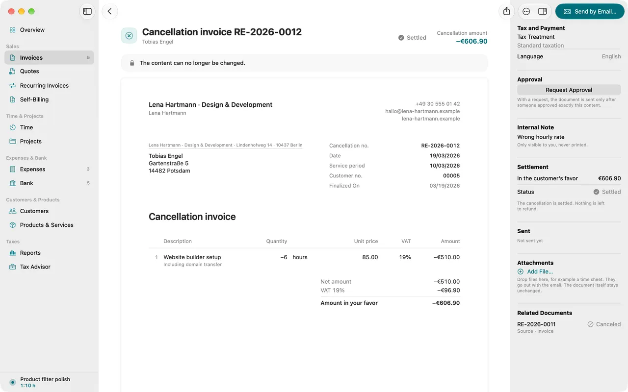 Cancellation invoice that refers to the original invoice and shows every amount with a negative sign.