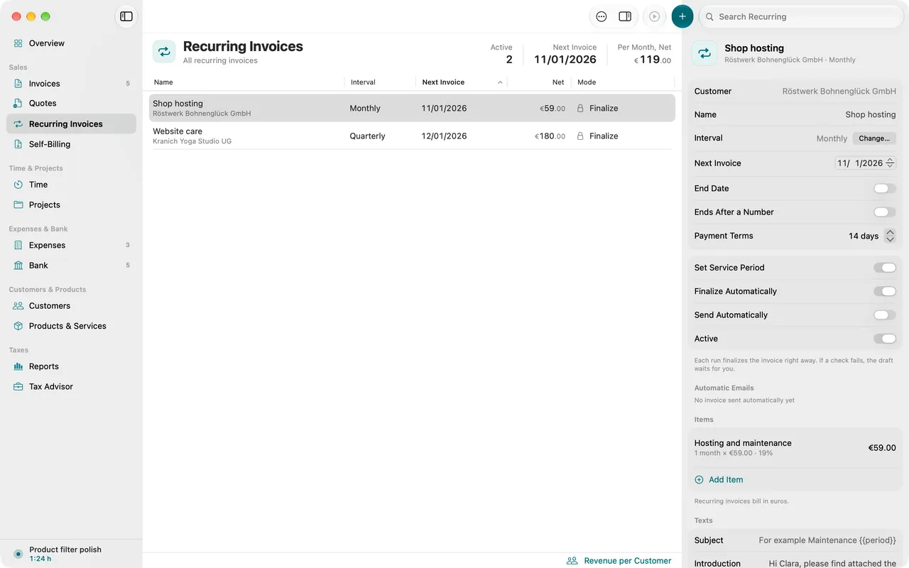 List of recurring invoices with interval, next date and details in the inspector.