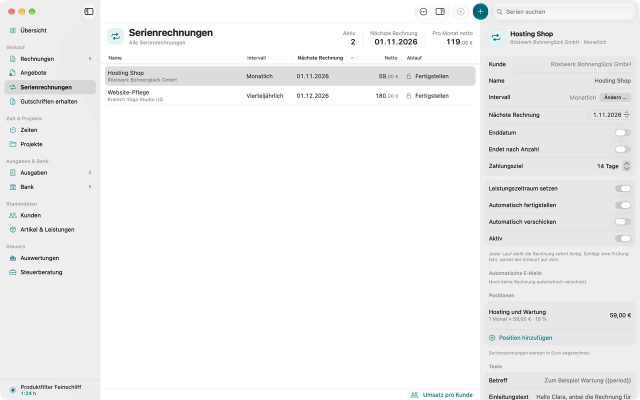 Liste der wiederkehrenden Rechnungen mit Intervall, nächstem Termin und Details im Inspektor.