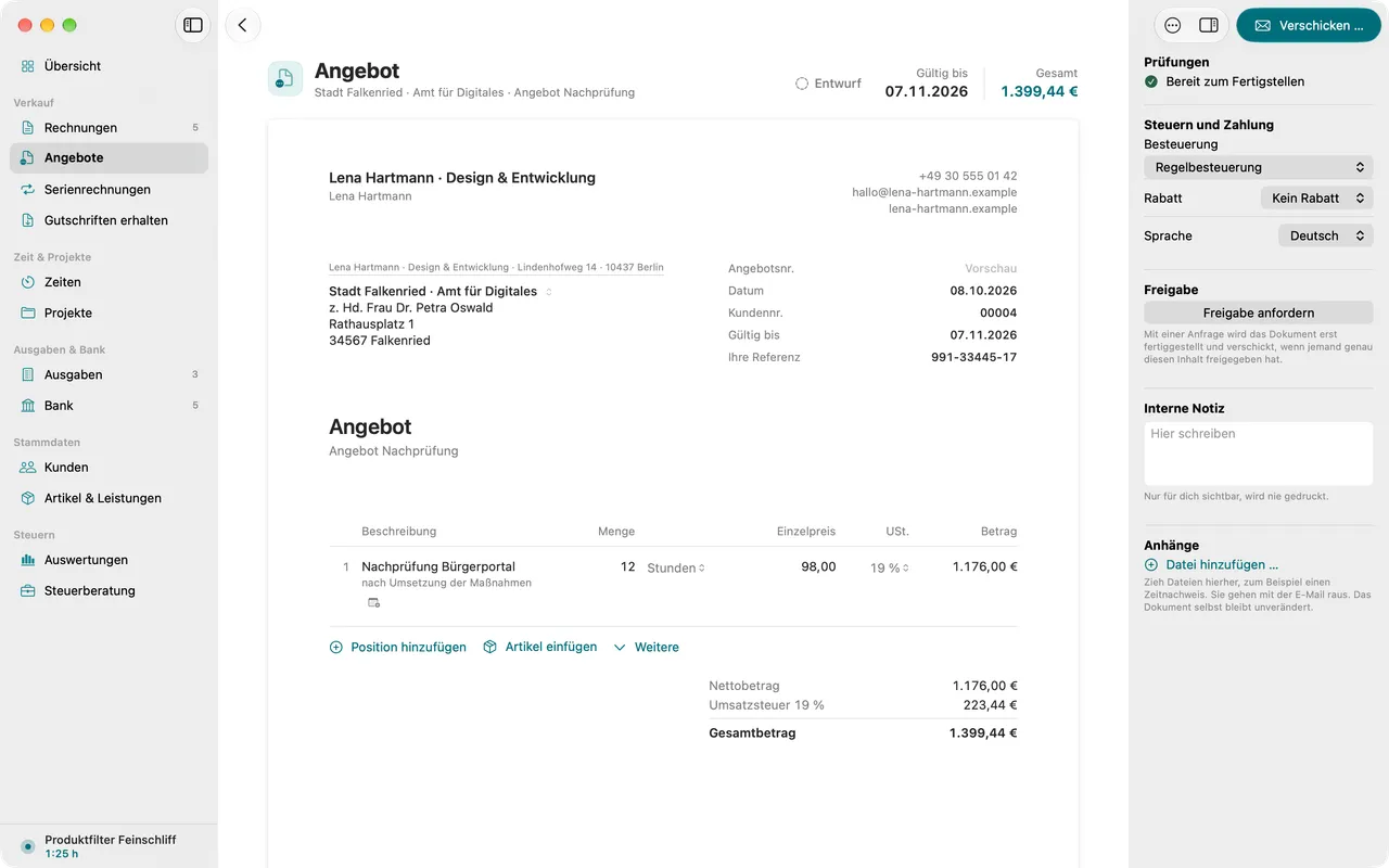 Angebot im Editor mit Gültigkeitsdatum, Positionen und Summen.