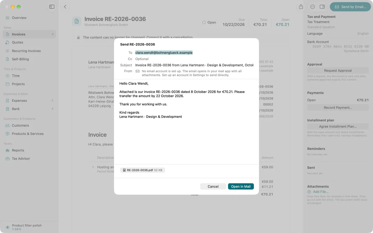 The send sheet of an invoice with recipients, text and attachments