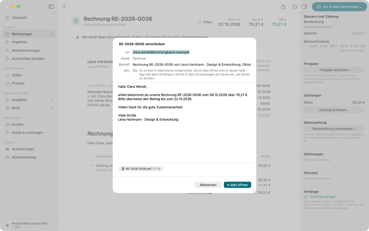 Das Versandfenster einer Rechnung mit Empfängern, Text und Anhängen