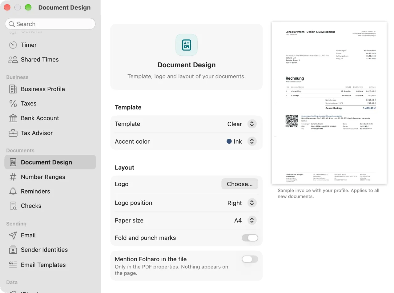 Document design settings with logo, typeface, accent color and a preview of the invoice.