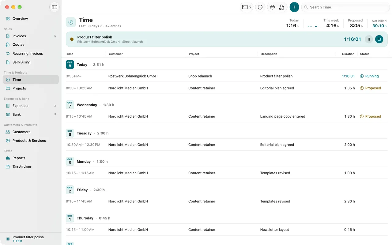 Time tracking with a running entry, entries grouped by day and unbilled hours per project.