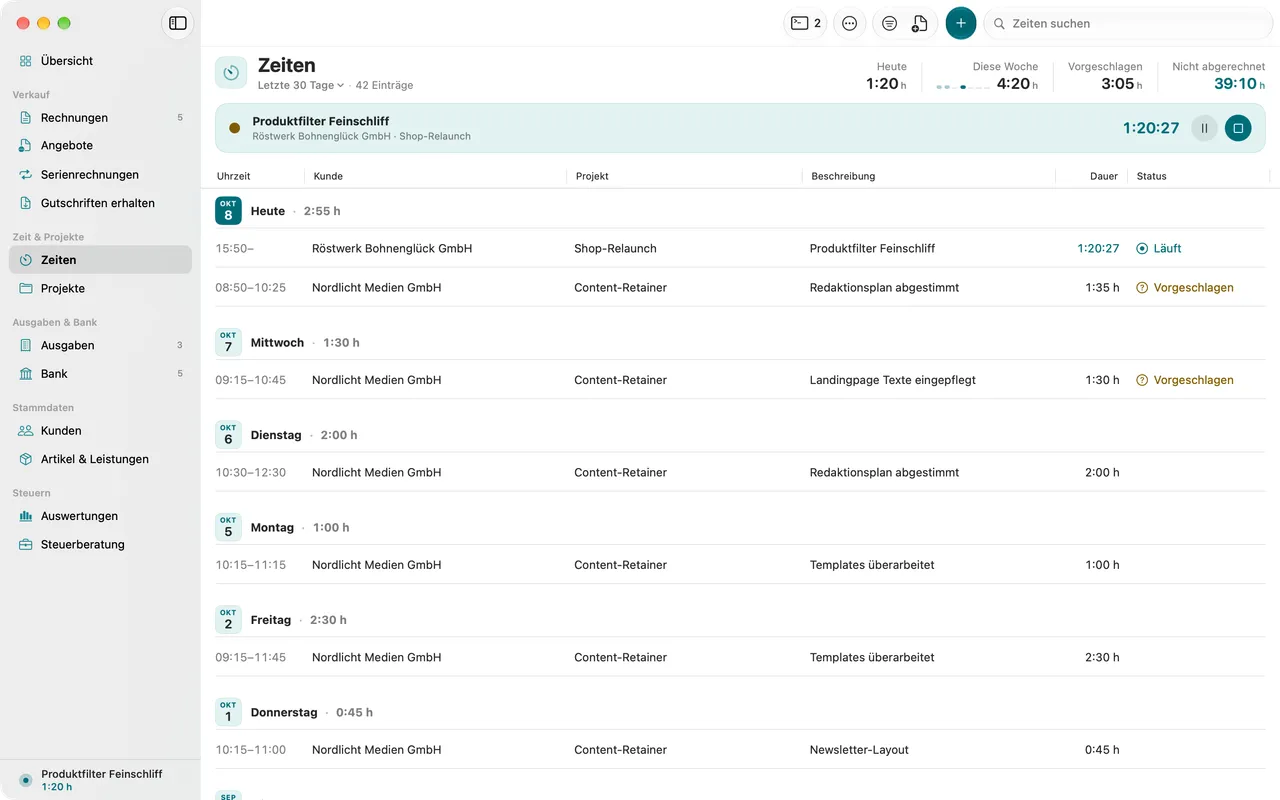 Zeiterfassung mit laufendem Eintrag, Tagesgruppen und noch nicht abgerechneten Stunden je Projekt.