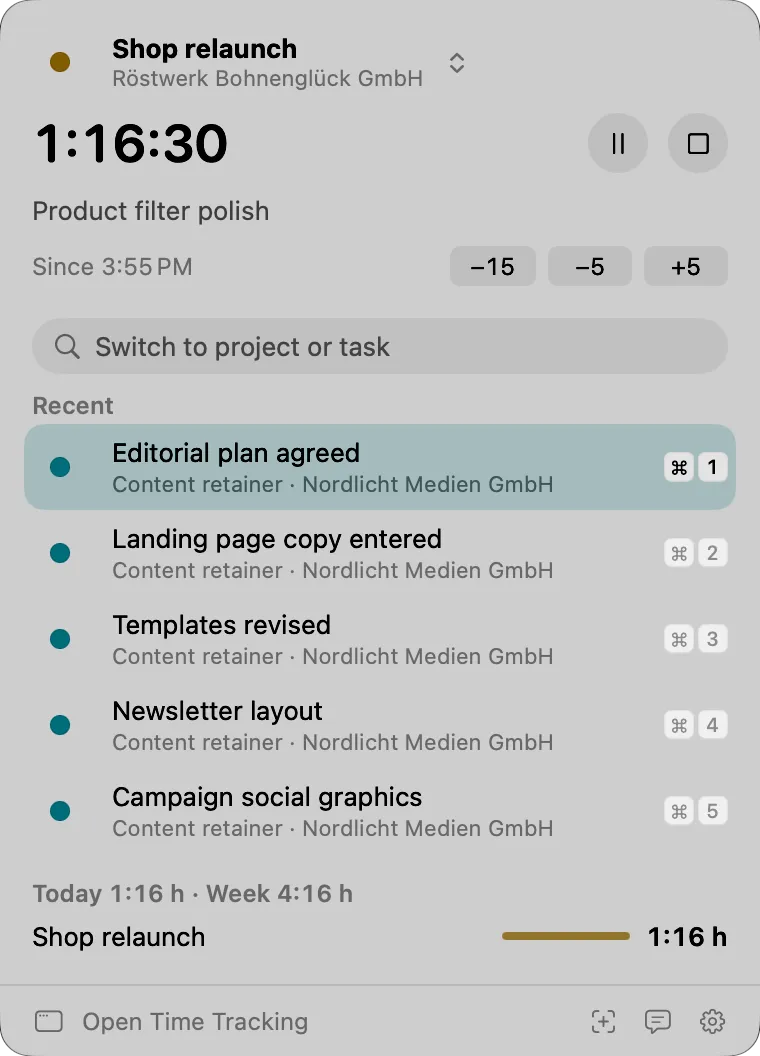 Timer in the menu bar: popover with the running time, the project and a button to stop it.