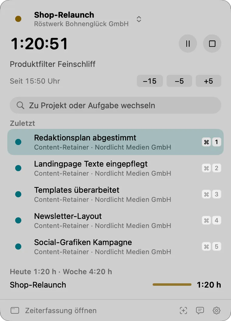 Timer in der Menüleiste: Popover mit laufender Zeit, Projekt und Schaltfläche zum Anhalten.