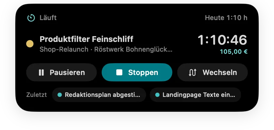 Ausgeklappte Timer Island am oberen Bildschirmrand mit laufendem Projekt und zuletzt genutzten Projekten.