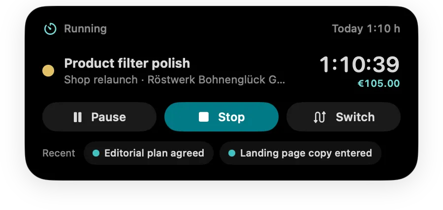Expanded Timer Island at the top of the screen with the running project and recently used projects.