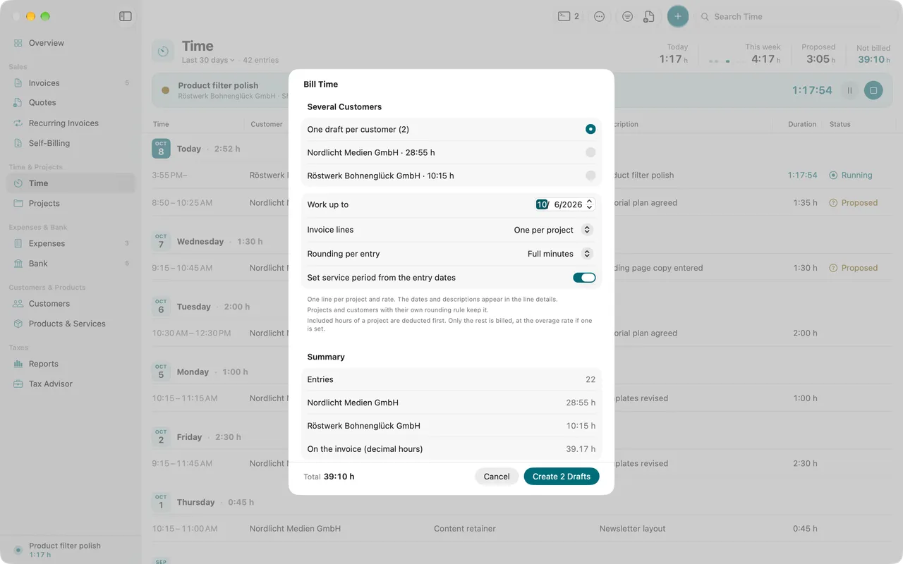 Dialog for billing tracked time: pick entries and turn them into invoice lines.