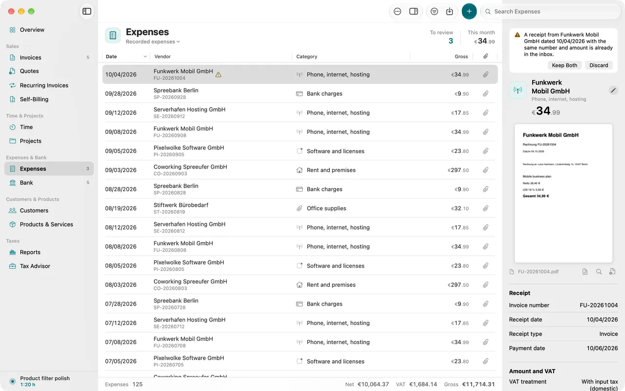 Expense list with supplier, category and amount, the selected receipt in the inspector.