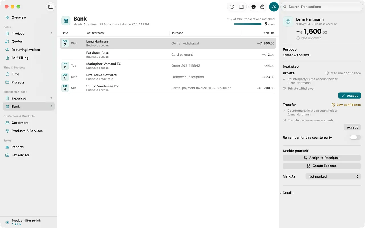 Bank transactions with a match suggestion in the inspector: the incoming payment fits an open invoice.