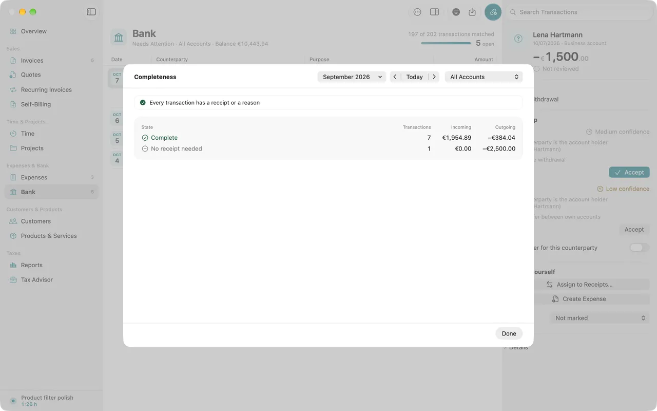 Completeness of bank transactions per month: matched, explained and still open.