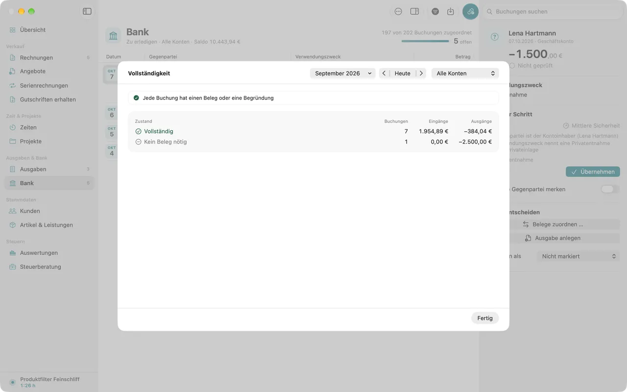 Vollständigkeit der Bankumsätze je Monat: zugeordnet, begründet und noch offen.