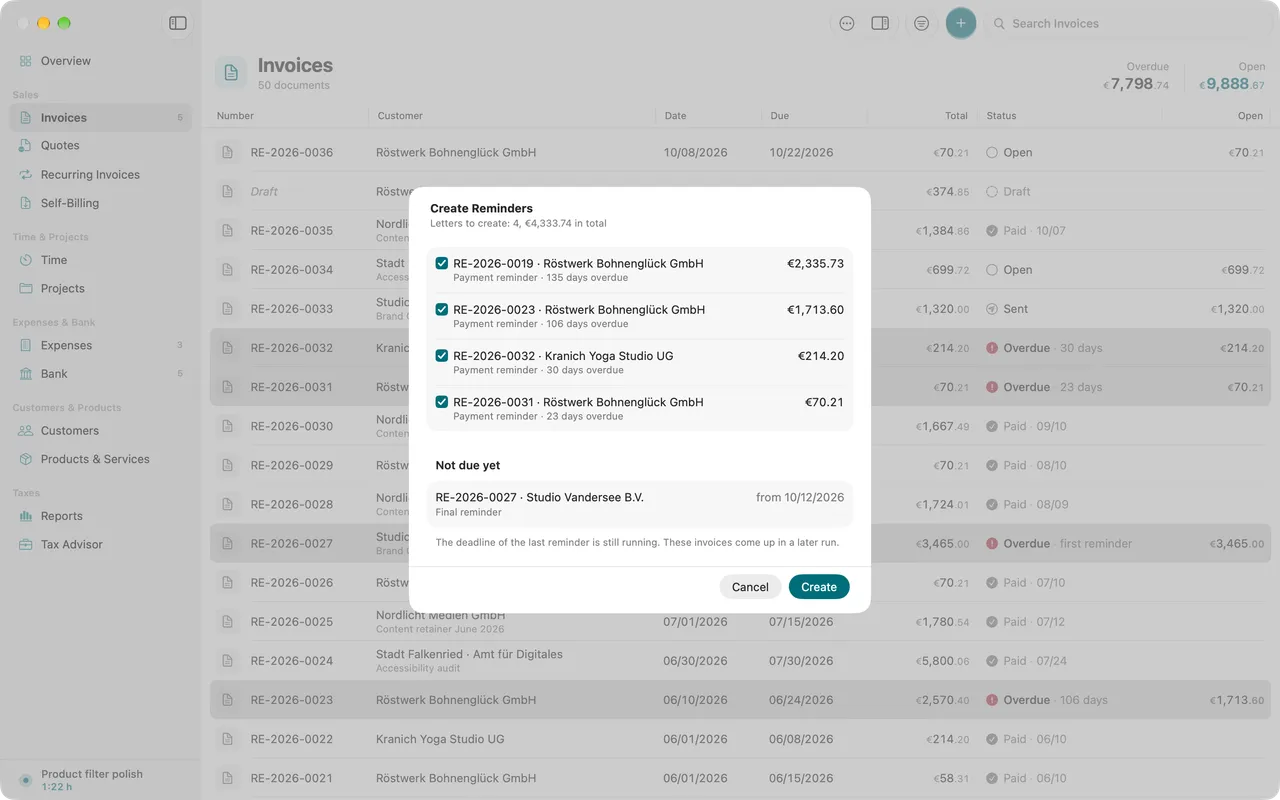 Creating reminders for several overdue invoices at once, with dunning level and fee.