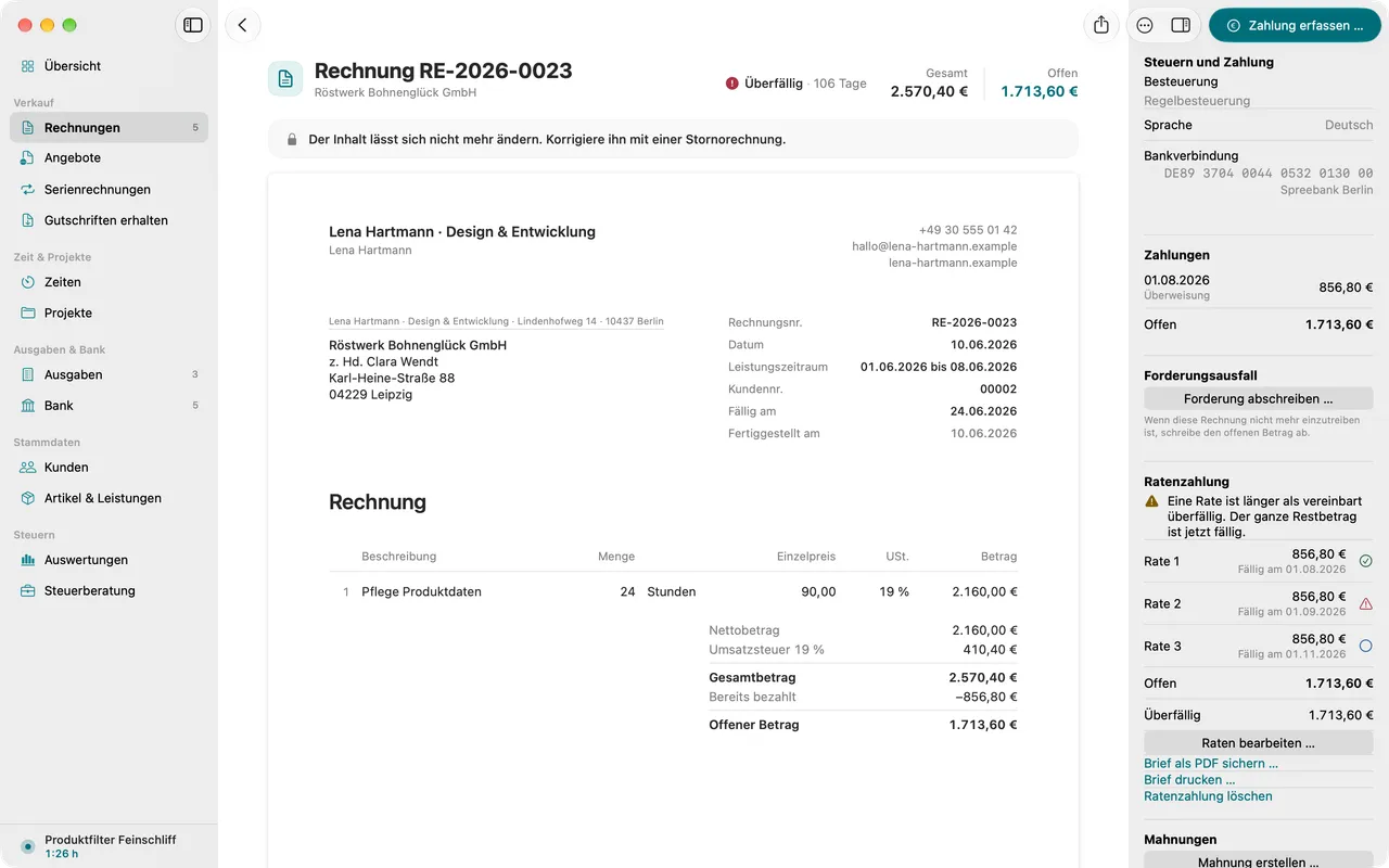 Rechnung mit Ratenplan: Fälligkeiten und Beträge der einzelnen Raten.