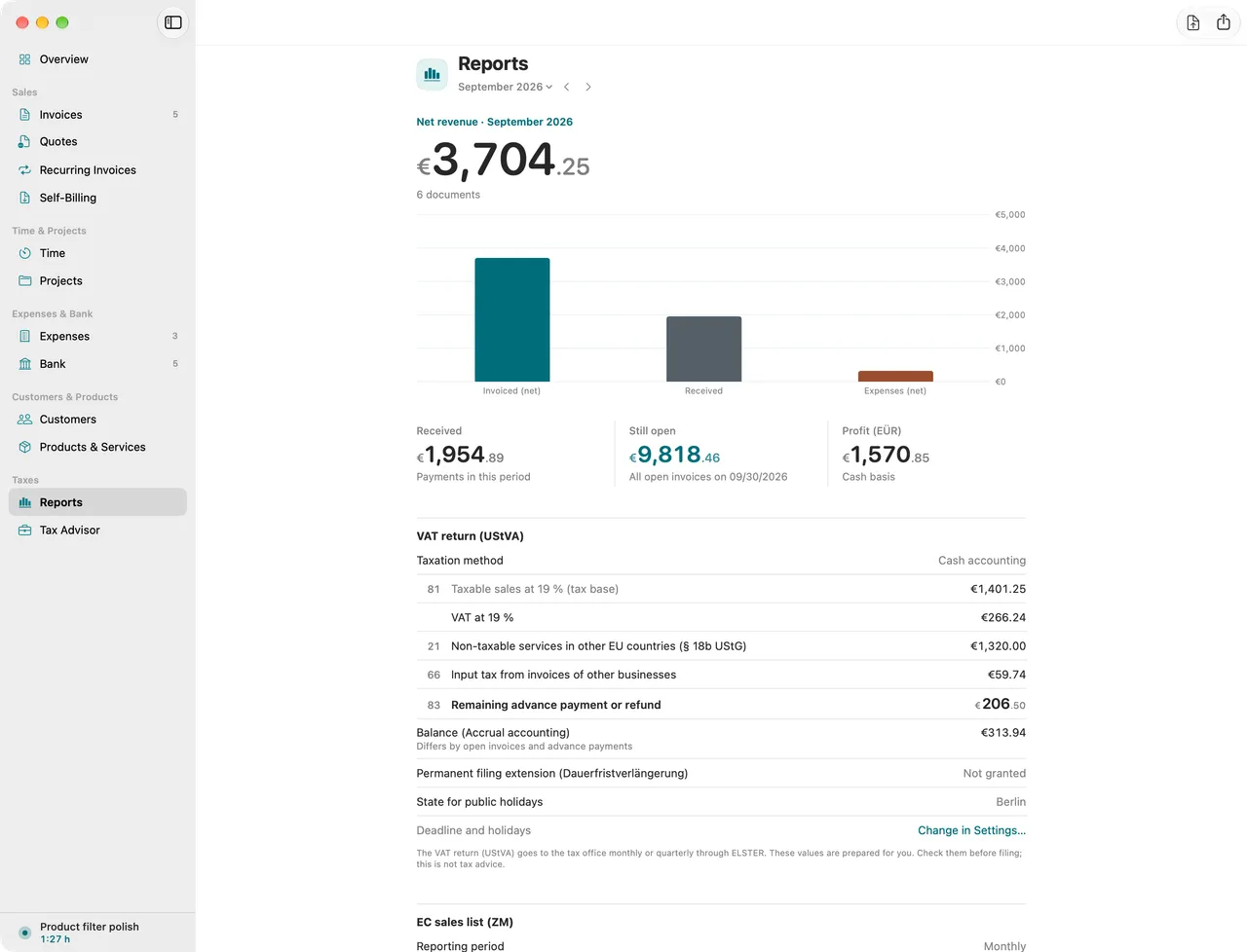 Monthly VAT return with the Kz figures, turnover per tax rate and input tax.