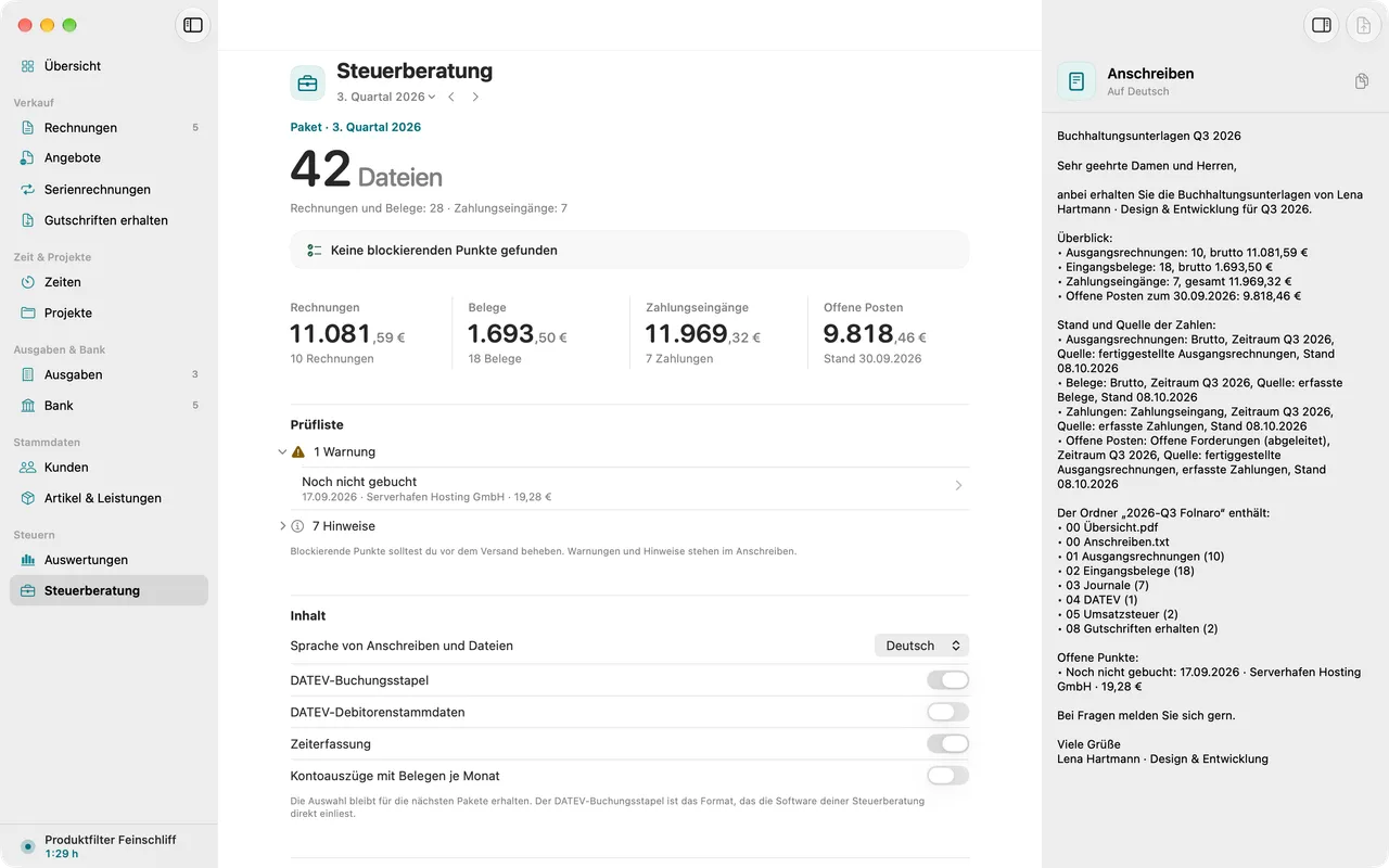 Paket für die Steuerberatung: Prüfung von Zeitraum, Belegen und Bankumsätzen vor dem Export.