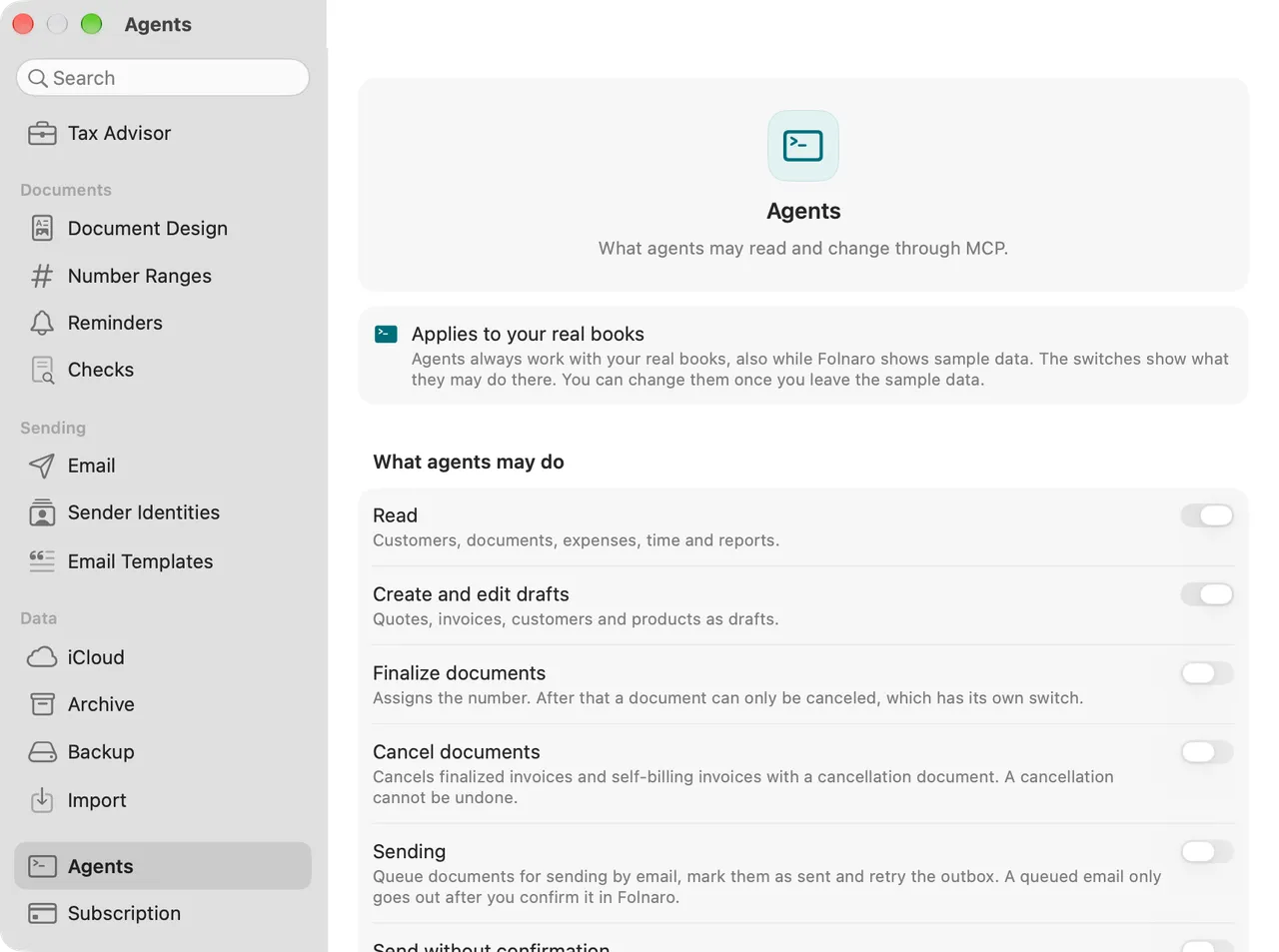 Agent settings: reading is allowed, write permissions are granted per area.