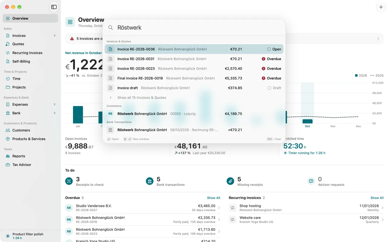 Search across everything: matches for a customer in invoices, quotes, time and receipts.