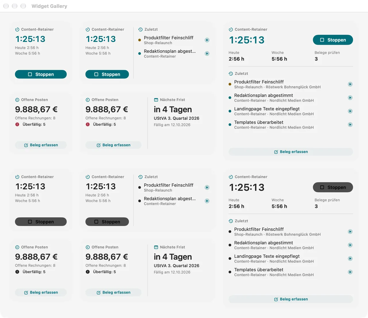 Folnaro-Widgets mit laufendem Timer, offenen Beträgen und nächsten Fristen.