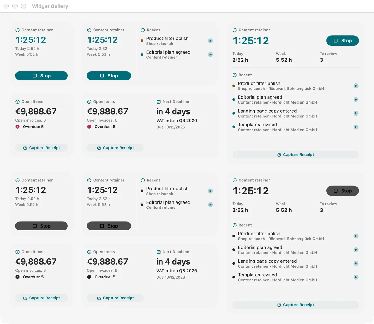 Folnaro widgets with a running timer, open amounts and upcoming deadlines.