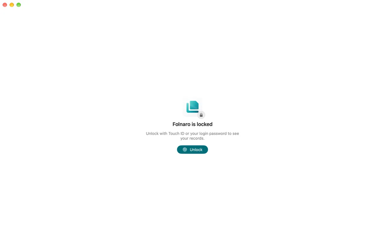 Locked Folnaro window that unlocks with Touch ID or password.