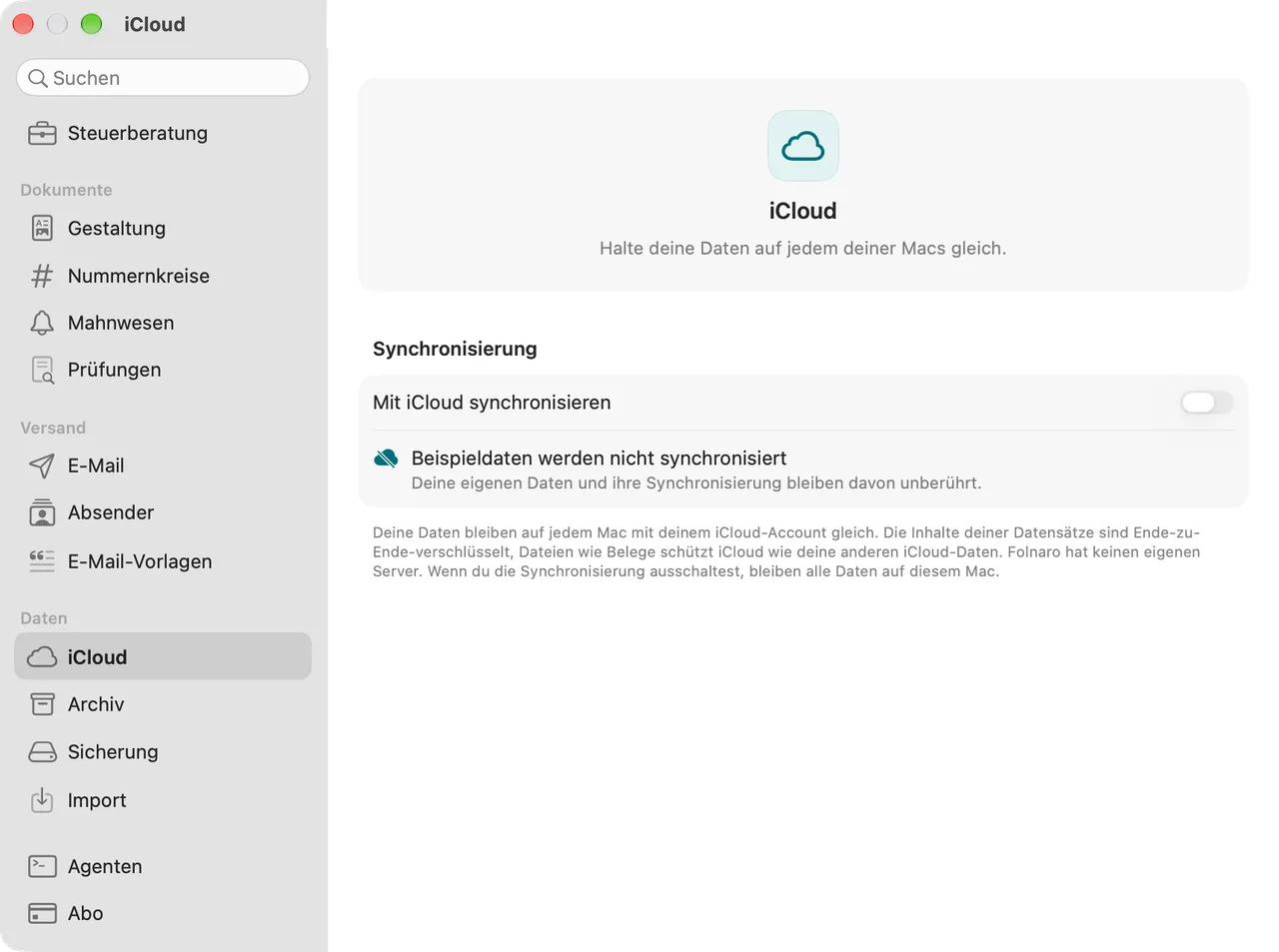 Einstellungen für iCloud-Synchronisierung mit dem Status „synchronisiert“.