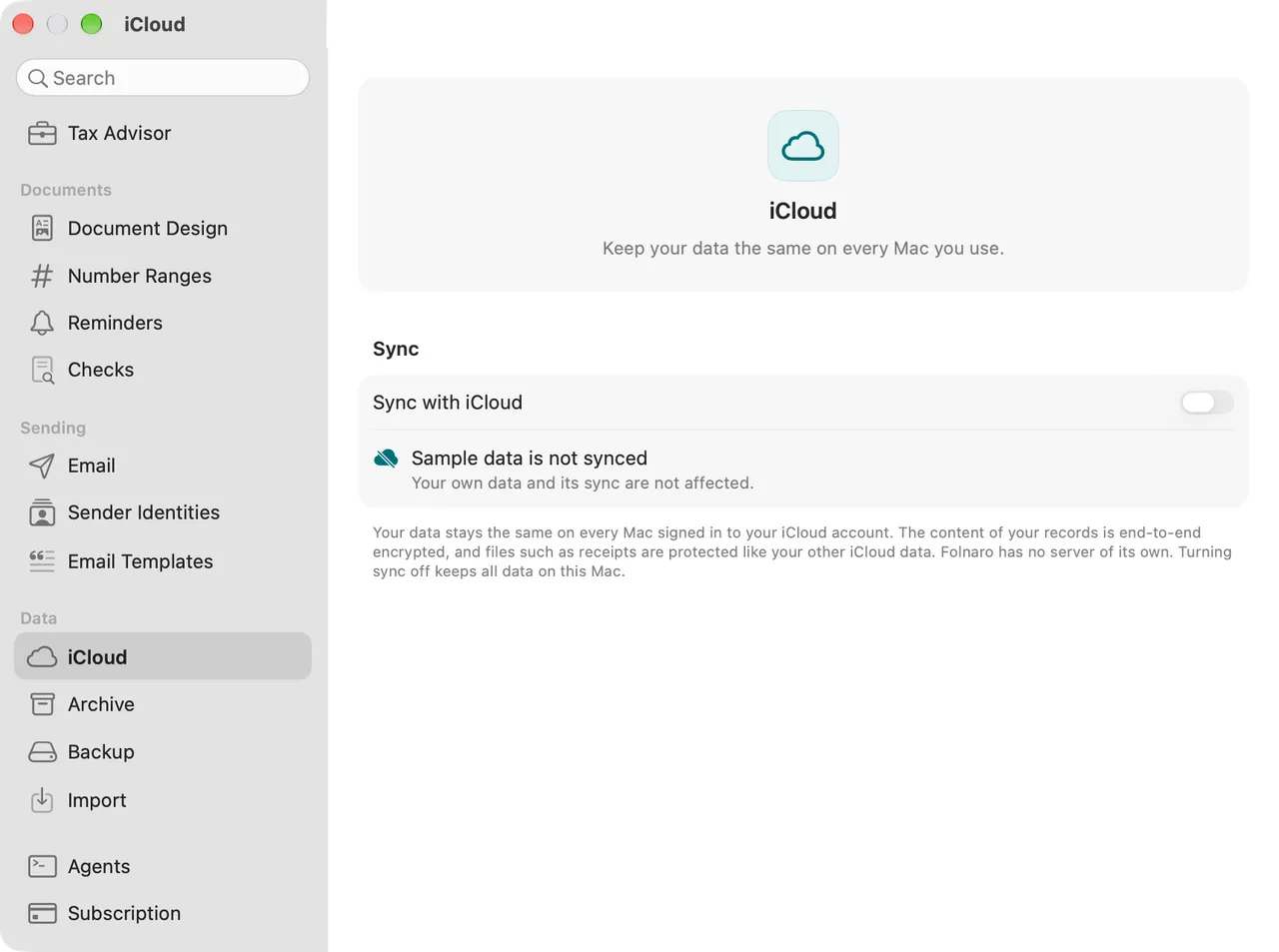 iCloud sync settings showing the status synced.