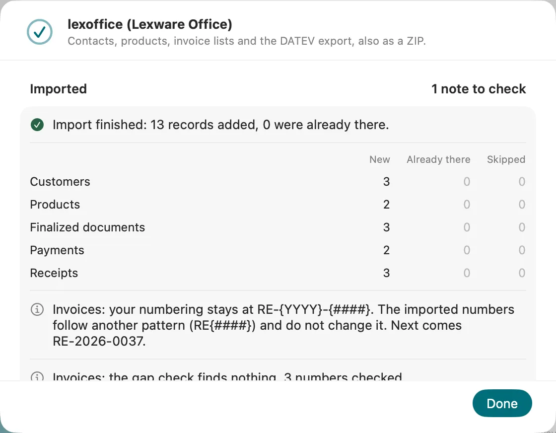 Import assistant after moving from lexoffice: imported customers, items and invoices.