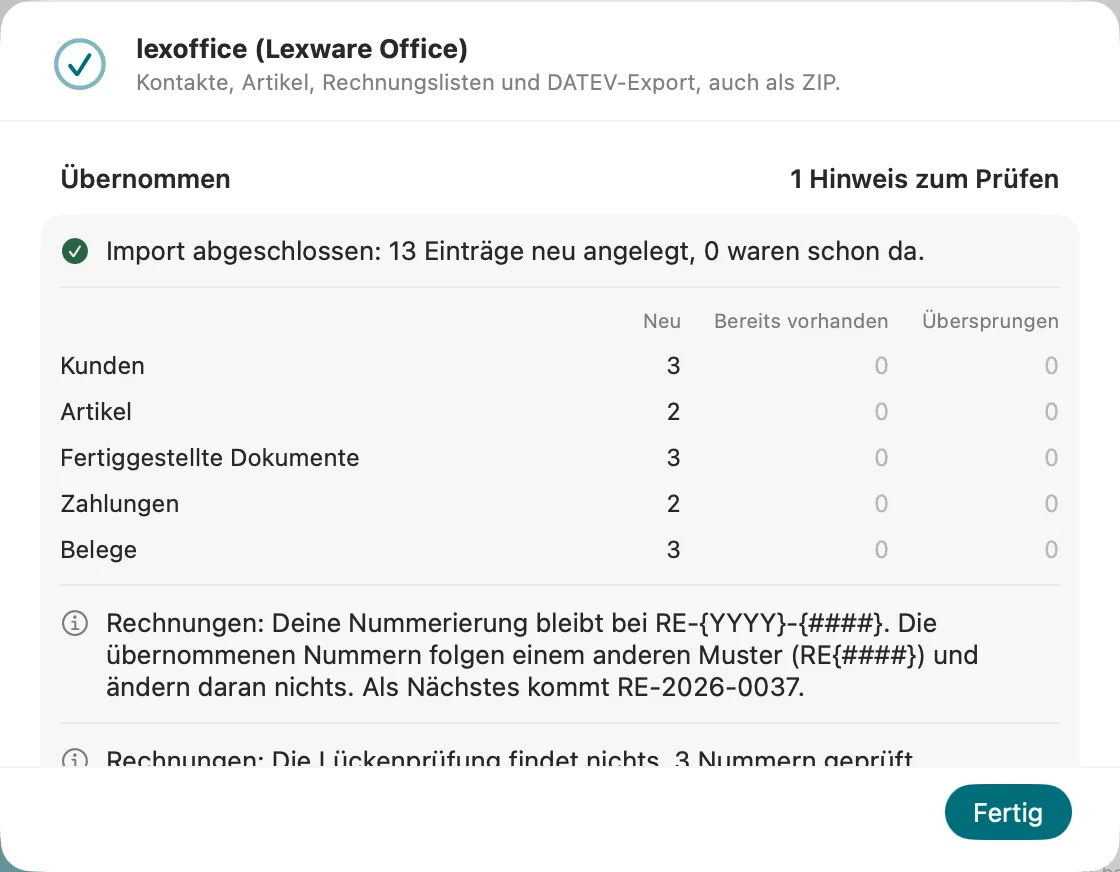 Import-Assistent nach dem Umzug aus lexoffice: übernommene Kunden, Artikel und Rechnungen.