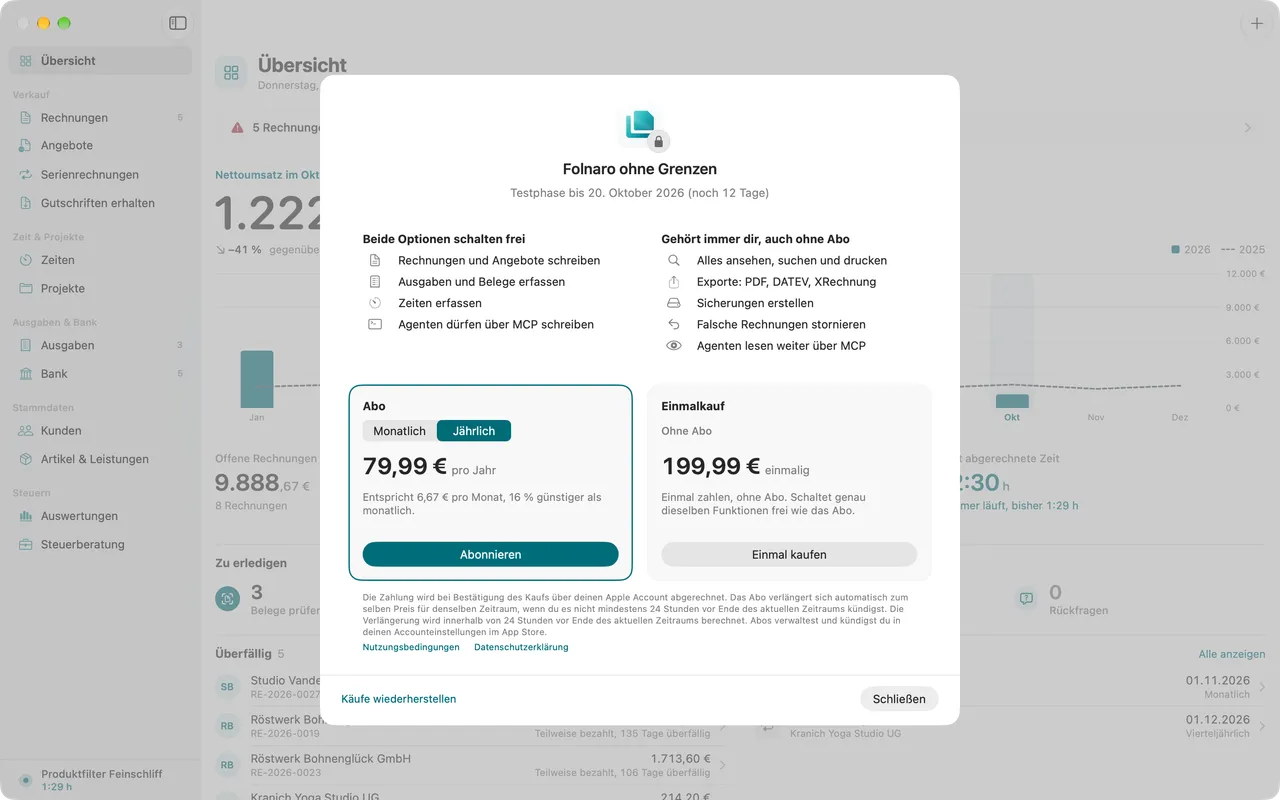 Das Fenster mit den Optionen: Abo und Einmalkauf nebeneinander.