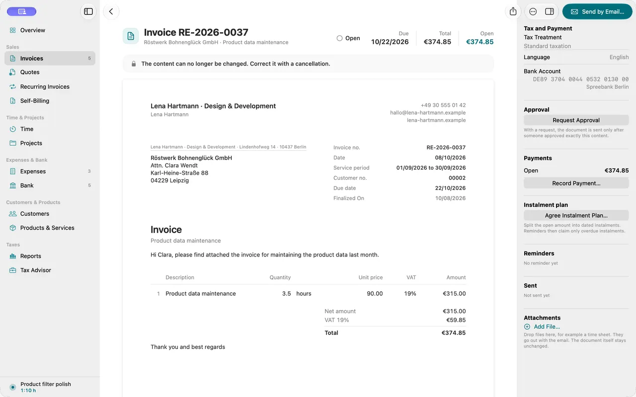 An invoice is finalized and receives its sequential number.