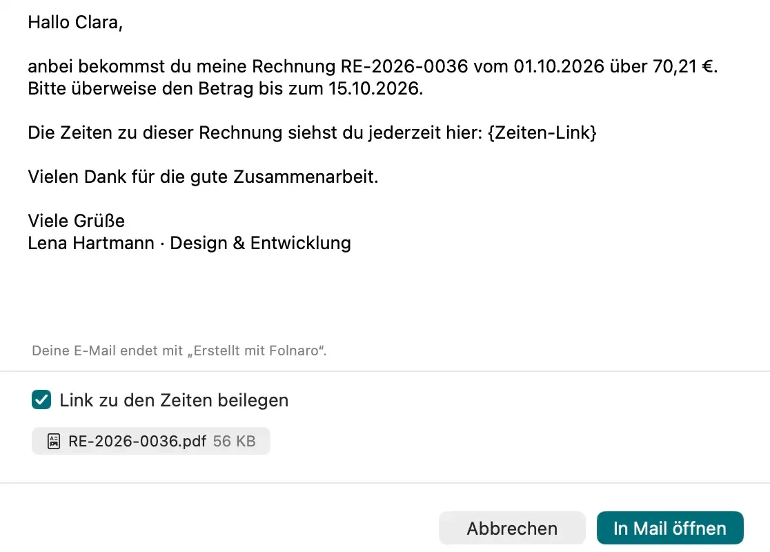 Die E-Mail zu einer Rechnung mit angehaktem „Link zu den Zeiten beilegen“ über dem PDF-Anhang
