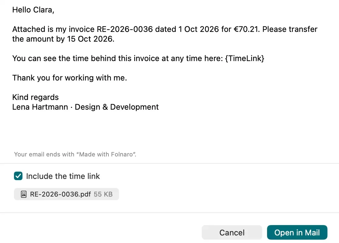 The email for an invoice with “Include the time link” ticked above the PDF attachment