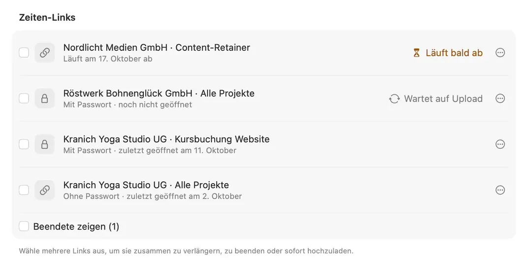 Einstellungen, Geteilte Zeiten: jeder Link mit Passwort oder ohne, wann er abläuft und an welchem Tag er zuletzt geöffnet wurde