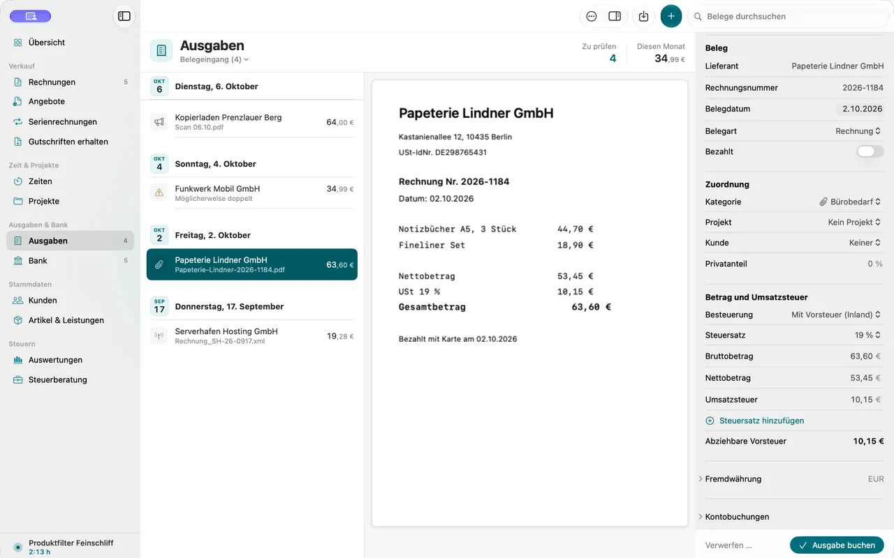 Ein Beleg landet im Eingang und wird automatisch ausgelesen.