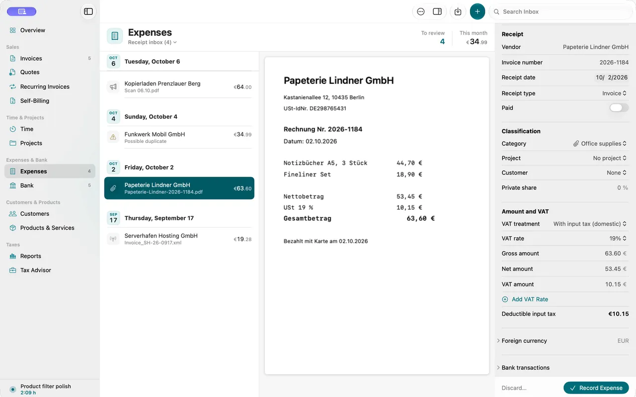 A receipt lands in the inbox and is read automatically.