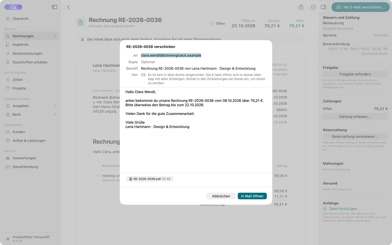 Der Dialog zum Verschicken einer Rechnung öffnet sich mit Mailvorlage und PDF.