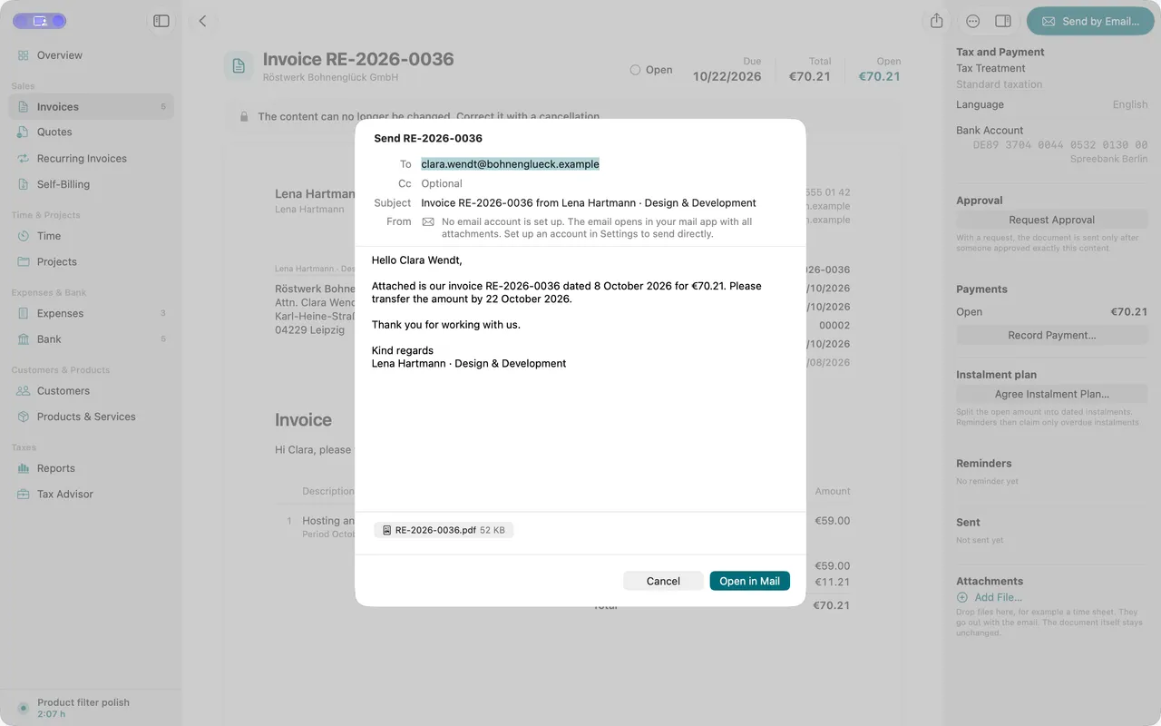The dialog for sending an invoice opens with mail template and PDF.